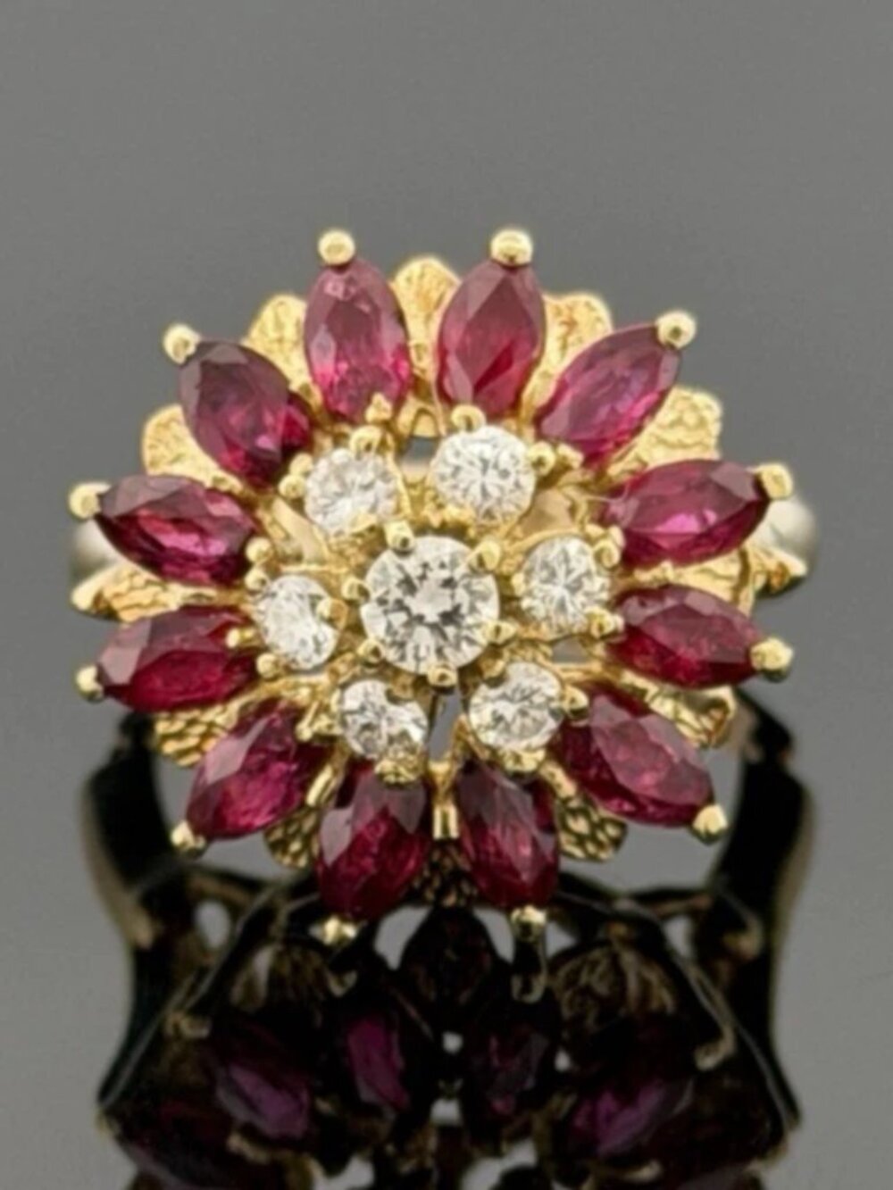 14K Yellow Gold Marquise Ruby & Diamond Cluster Ring – 8.45g – Adjustable 4.5–7